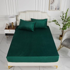 Warm Fitted Sheet, 90 x 200 cm, Dark Green, Winter, Plush, Box Spring Bed, Terry Cloth, Bed Sheet, Warm, Soft, Flannelette, Plain Pattern, Set, Linen Sheet, for Tall Mattresses, Base Height 25-30 cm