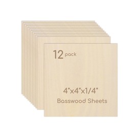 12 Pack Plywood Sheets, 4" x 4"x 1/4" Basswood Sheets, 6mm Basswood Craft Wood Sheet, Unfinished Wood Boards Blanks for Laser Cutting, Engraving, Burning, Crafts