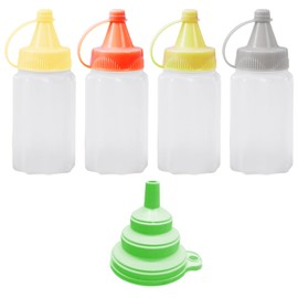 MEMOFYND 4-Piece Mini Sauce Containers with 1-Piece Folding Funnel, 30ml Squeezable Sauce Container, Spice Dispenser, Portable Squeeze Bottle for Kitchen, Picnic