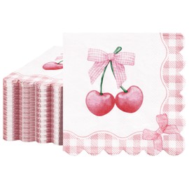 NatNarr 100 Pcs Pink Bow Napkins Coquette Birthday Decorations Scalloped Cherries Bow Party Napkin Pink Gingham Disposable Dessert Beverage Napkin for Bachelorette, Bridal Shower, Tea Party