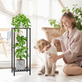 iDavosic.ly 2 Tier Indoor Plant Stand with Wheels, 11 Inch Wide Metal Plant Stand Outdoor for Large Plants, 33 Inch Tall Corner Small Flower Holder Shelf for Patio Garden Window Balcony, Black
