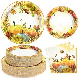 Homlouue 200 PCS Thanksgiving Paper Plates and Napkins Sets, Fall Paper Plates and Napkins, Pumpkin Plate for Fall Dinner Autumn Harvest Party Supplies, Thanksgiving Dessert Plate for Home Decorations