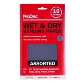 ProDec 10 pack Assorted Grades Wet & Dry Abrasive Sandpaper for Sanding Wood, Furniture, Metal, Plaster, Decorating, Automotive Sanding Sheets 9x5.5 inch (230x140mm), Wet and Dry