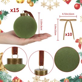 ICBOX 3.15" Green Christmas Balls 15 PCS Green Velvet Ornaments Come with 10 PCS Vintage Bows Velvet Ornaments for Christmas Tree Wreath Garland Table Centerpiece Party Holiday Decorations