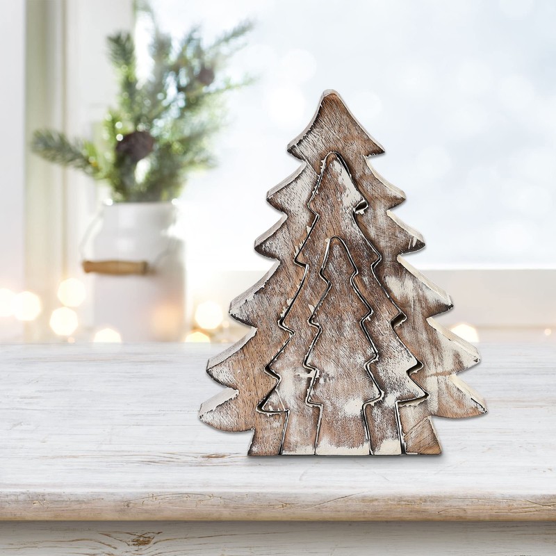 DEMDACO Nesting Trees Whitewashed 8 x 6 Mango Wood Christmas