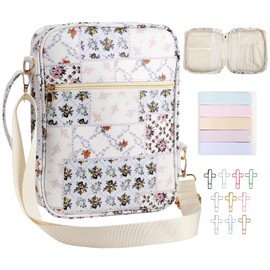 Waterproof PU Leather Bible Bag for Women, 12in*10in*3.1in Large Capacity Bible Case with Adjustable Crossbody Strap, 150 Bible Tabs & 10 Cross Bookmarks, Portable Bible Cover for Church Study Travel