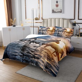 Horse Bed Throw 220 x 240 cm for Children Galloping Horses Printed Quilt Decorative Chic Sunset Landscape Bedspread 3D Wild Animal Pattern Pack of 3
