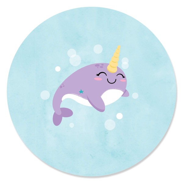 Narwhal Girl - Under The Sea Baby Shower or Birthday Party Circle Sticker Labels - 24 Count