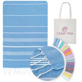 COMFYRIA Turkish Beach Towel with Tote Bag - Extra Large 39x71 Cotton Beach Towel - Sandfree, Quick Dry, Lightweight Beach Blanket - Prewashed for Soft Feeling - Travel Essentials Clearance - Blue