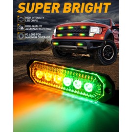 HLauto 406T Emergency Strobe Grille Lights: 4Pcs 6 LED Sync Feature Safety Warning Flashing Light, 12V-24V Ultra Slim Surface Mount Hazard Caution Light for Truck, Vehicle, Car, ATV, UTV (Amber Green)