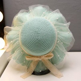 Little Girls Straw Sun Hat Lace Bow and Pearl Large Brim Sun Protection Hat Foldable Beach Sun Hats 2-7 Years Mint(Lace & Bow)