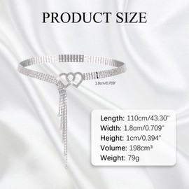MADGININE Silver Belts for Women Chain Belts for Women Diamante Belt Silver Belt Elegant and Exquisite Versatile Heart-Shaped Buckle Rhinestone Belt Suitable for Dresses and Jeans