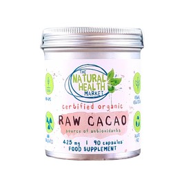The Natural Health Market RAW Organic Cacao Capsules 425mg By The Natural Health Market | Vegan Friendly | Plastic Free Packaging (90 Capsule - TIN)