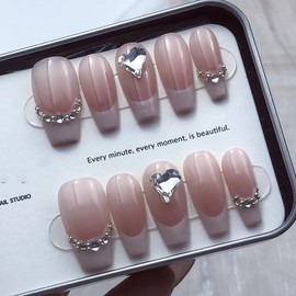 Pure Handmade Nails Press on Nail Reusable Fake Nails Pink French Rhinestones Bling Bling Nude Medium Stick on Nails French Tip False Nails 10pcs (S, Q280)