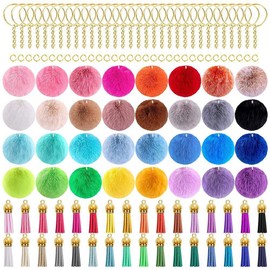 Cucioki 160 PCS Keychain Pom Pom Kit Faux Fur Pom Pom Gold Key Ring for DIY Projects, Random Color