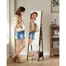 SONGMICS LED Mirror Jewelry Cabinet Standing, Lockable Jewelry Armoire with Full-Length Mirror, Space-Saving Jewelry Organizer with Mirror, Bottom Drawer, Christmas Gifts, Toasted Oak Color UJJC025N01