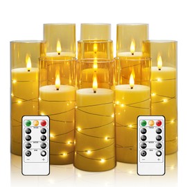 kakoya Flameless LED Candles with Timer 9 Pc Flickering Flameless Candles for Romantic Ambiance and Home Decoration Stable Acrylic Shell,with Embedded Star String，Battery Operated Candles（Gold）