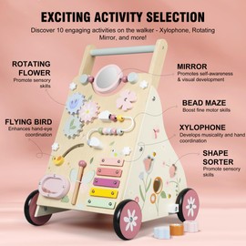 Pithfor Wooden Baby Walker, Baby Push Walker, Push Walker Toys for Babies Learning to Walk & Sit-to-Stand, with Montessori Sensory Toy & Activity Center for Girls Boys