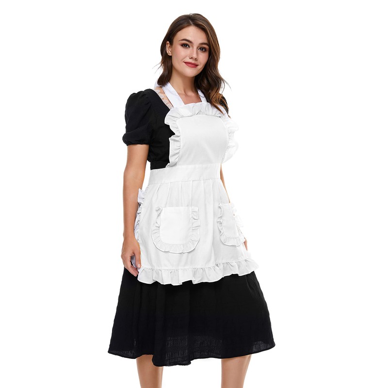 LilMents Women's Ruffles Outline Retro Pockets Apron Kitchen Cooking Cleaning
