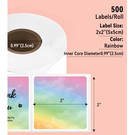 Phomeo 50x50mm Labels Rainbow Pattern 500pcs/Roll Phomemo 2" Round Rainbow Thermal Labels Logo Stickers, Compatible with MUNBYN, Phomemo, Polono Label Printer, BPA Free