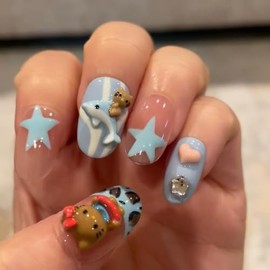 Handmade Press On Nails Blue Leopard Short Oval Fake Nails 10Pcs(M)