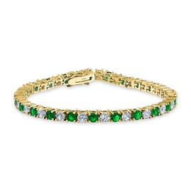 Green White Alternating Simulated Emerald Round Cubic Zirconia 12.00 CT 4 Prong Basket Set Solitaire AAA CZ Tennis Bracelet for Women Prom Bride 14K Gold Plated 7.5 Inch