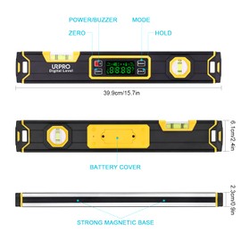 URPRO 15.7-Inch Digital Torpedo Level and Protractor Neodymium Inclinometer V-Groove Magnets Bright LCD Display smart level IP54 Dust/Water Resistant Black