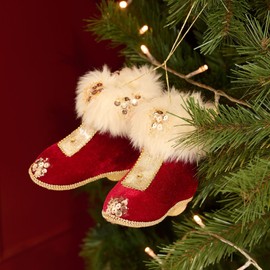 Widdop and Co. - The Seasonal Gift Co. - Red Velvet Pair Of Santa Boots Hanging Decoration Christmas Ornament. Red, Gold & White Xmas Homeware Indoor Festive Holiday Room Decor.