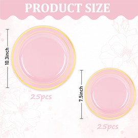 Whaline 50Pcs Light Pink Plastic Plate Gold Foil Bordered Disposable Plate Decorative Dinner Dessert Plate for Wedding Party Supplies Table Decor