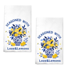 AMM Lemon Kitchen Towels Set of 2 Spring Lemons Dish Hand Towels for Kitchen Decor 16x27 Inch Yellow Blue Floral Leaves Seasonal Summer Farmhouse Decorative Absorbent Soft Microfiber Dish Cloths
