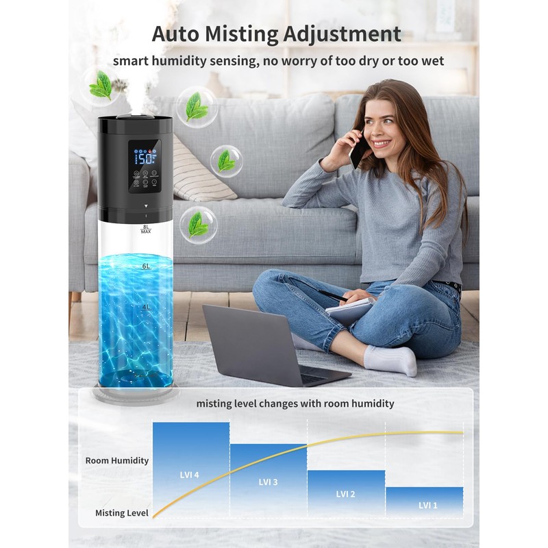 8L Humidifiers for Bedroom, 30dB Quiet, 500ft² Coverage, 60H Runtime,