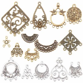 SUNNYCLUE 1 Box 60Pcs 15 Style Tibetan Chandelier Charms Alloy Chandelier Components Links Filigree Flower Linking Charms Teardrop Connector Round Charm for Jewelry Making Charms DIY Supplies Adult