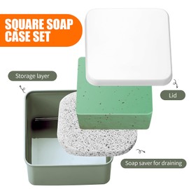 Square Soap Travel Case Set of 2, Green Plastic Soap Holder with Lid Portable Bar Soap Dish Box with Soap Saver Pad for Travelling Gym Camping Bathroom