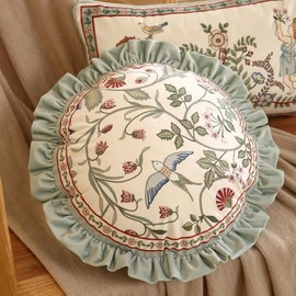 bilin gaier Round Throw Pillow Cover,Green Cozy Velvet Farmhouse with Birds and Floral Pattern Pillowcases,Decoration Pillows Cushion Covers for Couch Sofa Bed Car Chair,Diameter 16"