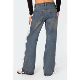 Mxiqqpltky Womens Wide Leg Jeans High Waist Boyfriend Denim Pants Side Striped Print Straight Baggy Mom Jeans Y2k Streetwear(Azure,Medium)