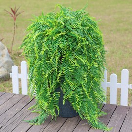 Juxdp Artificial Hanging Ferns Plants Topiary for Outdoor Decoration,Fake Boston Fern Potted Plants Faux Greenery Bush UV Resistant for Front Porch Door Garden Farmhouse Home Decor (Green)