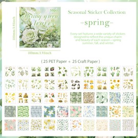Snycler Scrapbooking Supplies, Vintage Journaling - 25 Sheets PET & 25 Sheets Paper Stickers, DIY Craft Stickers for Junk Journals, Ephemera Sticker Book, Green Leaf Themes, Pre-Cut Designs