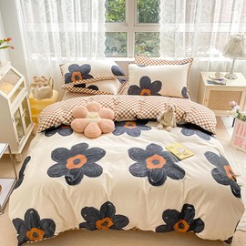 CLOTHKNOW Black Sunflower Full Size Comforter Set 3Pcs Floral Bedding Comforter Sets Pumpkin Grid Comforter Full Botanical Black and Beige Comforter Sets Full