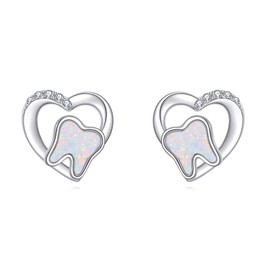 Tooth Stud Earrings 925 Sterling Silver Heart Opal Teeth Earrings Dental Tooth Jewellery Gifts For Women Female Doctor Nurse