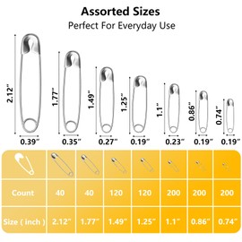 920Pcs Safety Pins Assorted Sizes Silver Pins Bulk 7 Different SizesNickel Plated Steel Pin for Clothes, Sewing, Arts & Craft