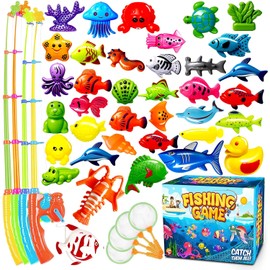 Goody King Magnetic Fishing Game Pool Party Pole Rod Net - Bathtub Outdoor Indoor Carnival Party Water Table Fish 4 Players Gift Age 3-5 6 4-8 (Large)