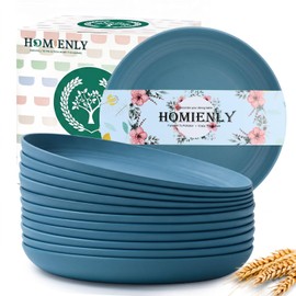 Homienly Unbreakable Salad Plates 12 PCS Wheat Straw Deep Plates 9 Inch Plastic Plates for Dessert, Bread & Butter, Breakfast Kitchen Plates for Camping Microwave & Dishwasher Safe Plates (Blue)