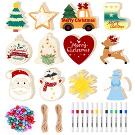 Comesix 60 PCS DIY Wooden Christmas Ornaments to Paint Kit with 60 Bells, 2 Ropes & Upgraded Markers - 12 Styles Tree Hanging Decorations (2025 Edition)