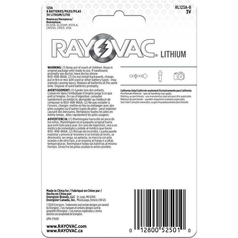 Rayovac 123A Lithium Batteries, 3V Lithium Photo Batteries (8 Battery