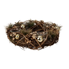 Christmas Advent Wreath Made of Multiple Materials Round with Gold/Brown Decoration for Tea Lights Diameter 34 cm