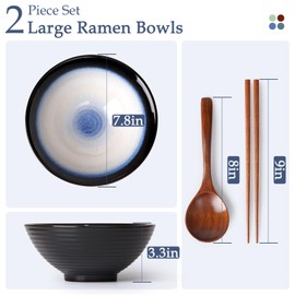 NUTRIUPS 8 Inch Ceramic Ramen Bowl Set of 2 Pho Bowls 40oz Japanese Noodle Udon Soup Bowls with Spoons and Chopsticks (Moon Blue)