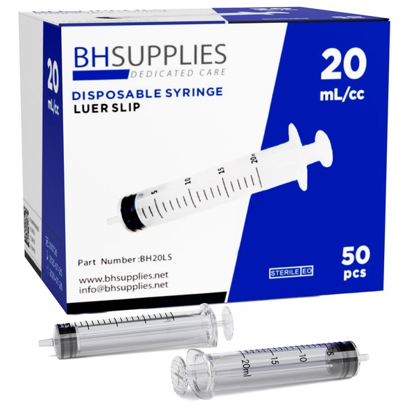BH Supplies 20ml Luer Slip Tip Syringes (No Needle) - Sterile, Individually Wrapped - 50 Syringes
