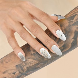 Krystil Press On Nails - 24 Nails Kit, White Acrylic Nails 3D Little Star Stick on False Nails, Almond Reusable Fake Nails with Glue | Salon Quality | Aurora