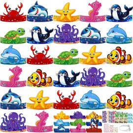 80UncleKimby 27PCS Under the Sea Party Crafts: DIY Paper Crowns Bulk Favors Hats for Birthday Activities - Fish Shark Animal Ocean Themed Decorations, Art and Craft Headbands Kit