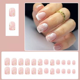 Short Press on Nails Square Fake Nails with Design Flower False Nails White French Tip Acrylic Nails Press ons Cute Glue on Nails Glossy Full Cover Stick on Nails for Women 24Pcs